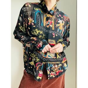 Vintage 90s Silk Asian Print Blouse Black/Multi Size 3/ Large Chicos Sheer